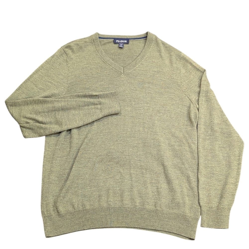 Jos.A.Bank Tailored Fit 100% Merino Wool Green V-Neck Base Layer Sweater Office